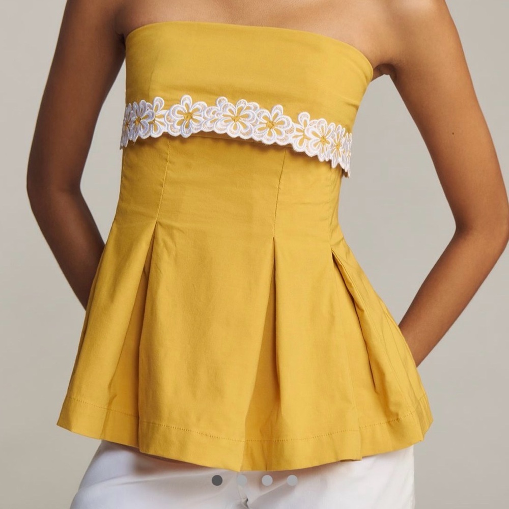 Anthropologie Mustard Strapless Top with Floral Accent